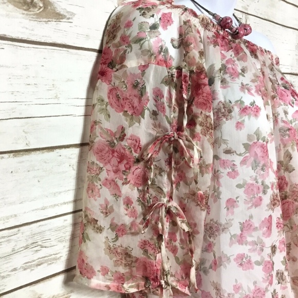 Sheer Open Sleeve Floral Rose Print Top / Coverup - Picture 3 of 7